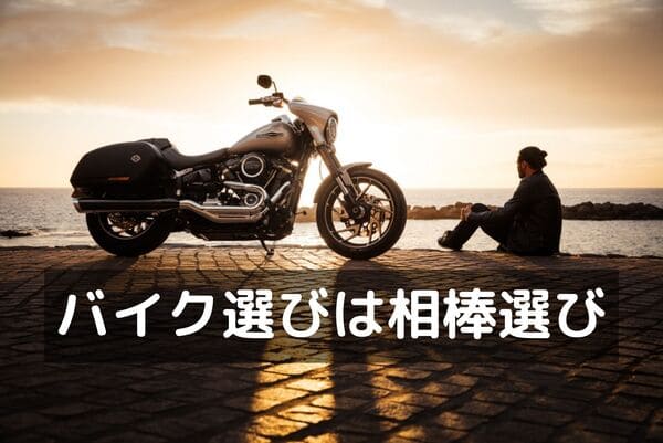 バイクと一緒に夕日を見ている画像